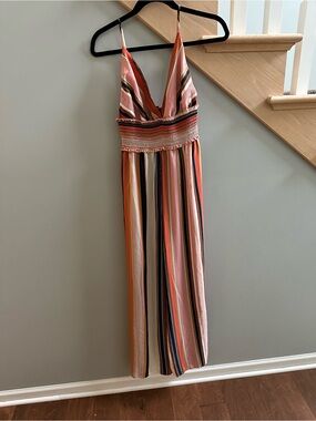 Timing Striped V-Neck Jumpsuit in Coral, Pink & Navy